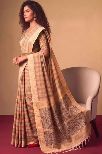 Checked Zari Jute Silk Fusion Tussar Saree