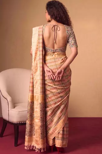 Checked Zari Jute Silk Fusion Tussar Saree