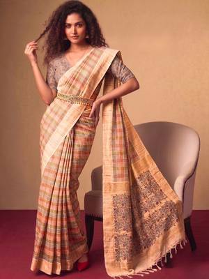 Checked Zari Jute Silk Fusion Tussar Saree 6