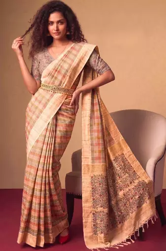 Checked Zari Jute Silk Fusion Tussar Saree