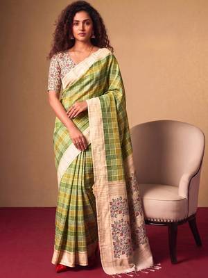 Checked Zari Jute Silk Tussar Saree 1