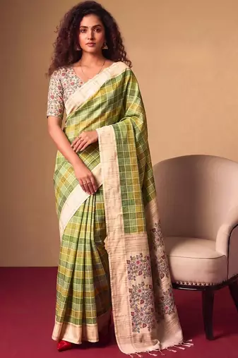 Checked Zari Jute Silk Tussar Saree