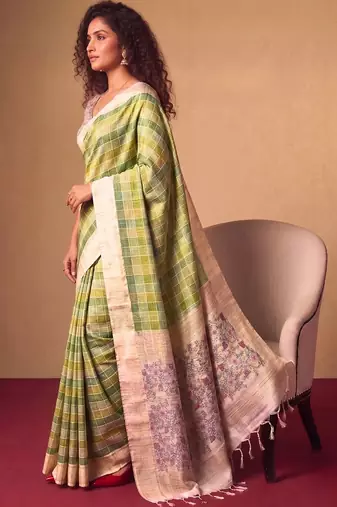 Checked Zari Jute Silk Tussar Saree