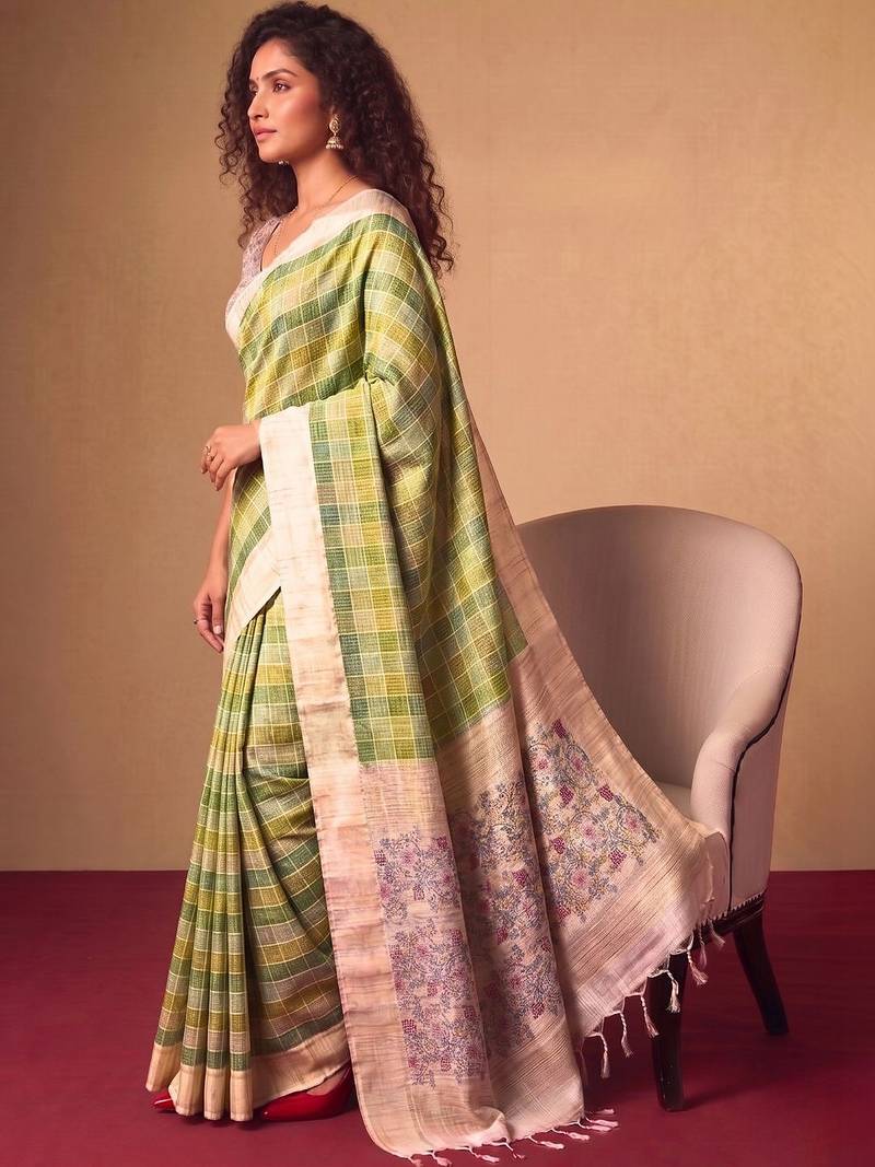 Checked Zari Jute Silk Tussar Saree