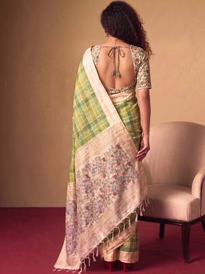 Checked Zari Jute Silk Tussar Saree 4