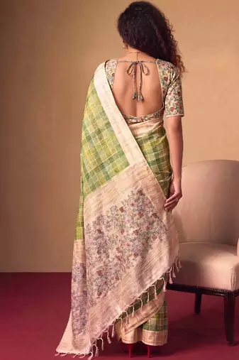Checked Zari Jute Silk Tussar Saree