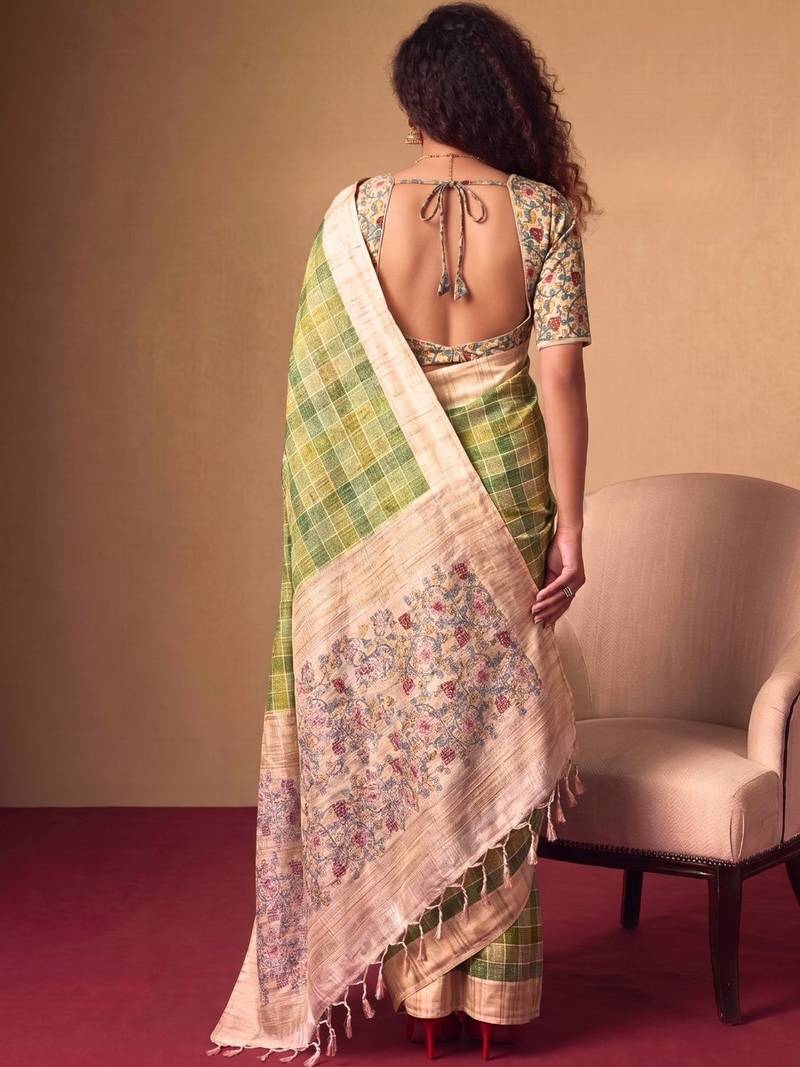 Checked Zari Jute Silk Tussar Saree