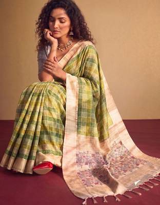 Checked Zari Jute Silk Tussar Saree 6