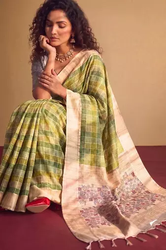 Checked Zari Jute Silk Tussar Saree