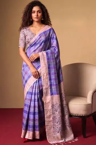Checked Zari Jute Silk Fusion Tussar Saree