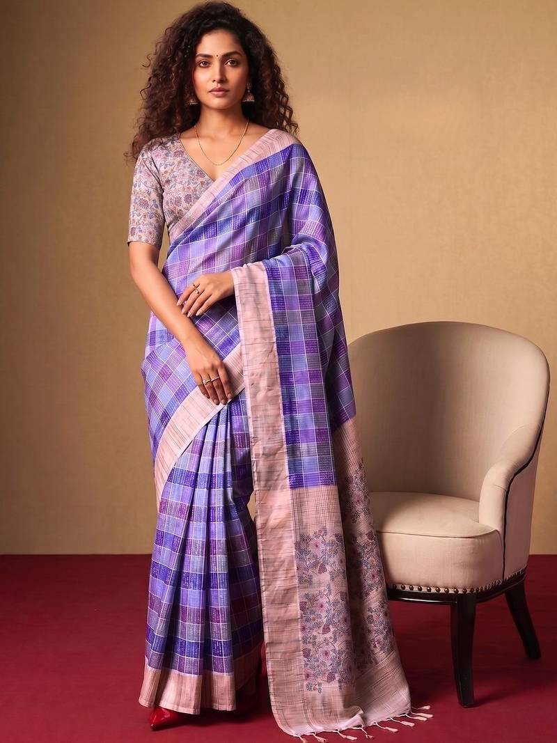 Checked Zari Jute Silk Fusion Tussar Saree