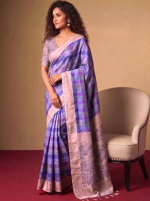 Checked Zari Jute Silk Fusion Tussar Saree 3