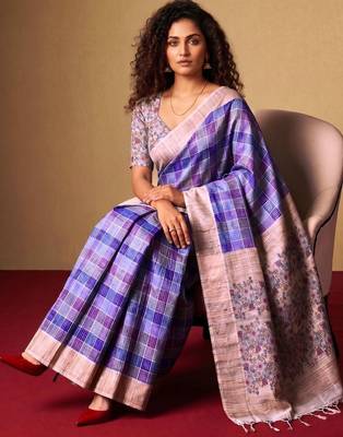 Checked Zari Jute Silk Fusion Tussar Saree 6