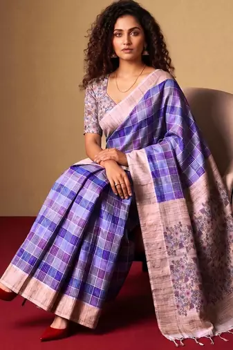 Checked Zari Jute Silk Fusion Tussar Saree