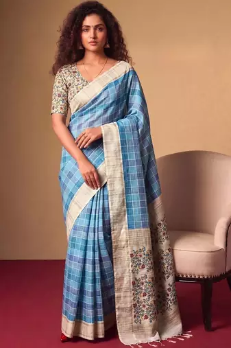 Checked Zari Jute Silk Tussar Saree