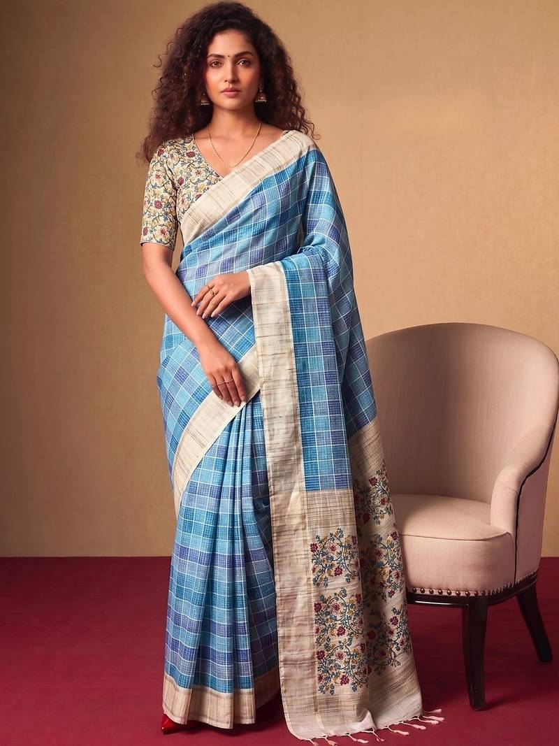 Checked Zari Jute Silk Tussar Saree