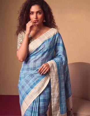 Checked Zari Jute Silk Tussar Saree 2
