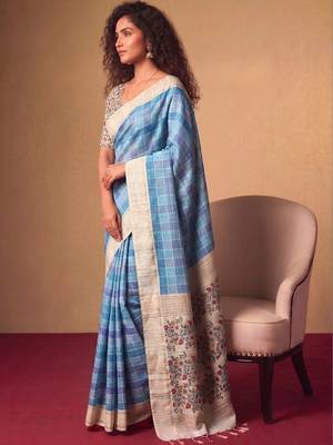 Checked Zari Jute Silk Tussar Saree 3