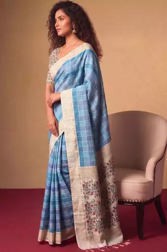 Checked Zari Jute Silk Tussar Saree