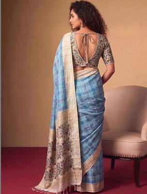 Checked Zari Jute Silk Tussar Saree 4