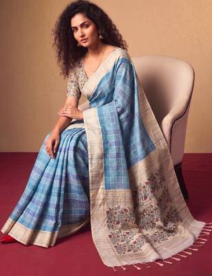 Checked Zari Jute Silk Tussar Saree 6
