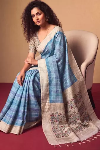 Checked Zari Jute Silk Tussar Saree
