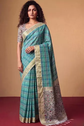 Checked Zari Jute Silk Designer Tussar Saree