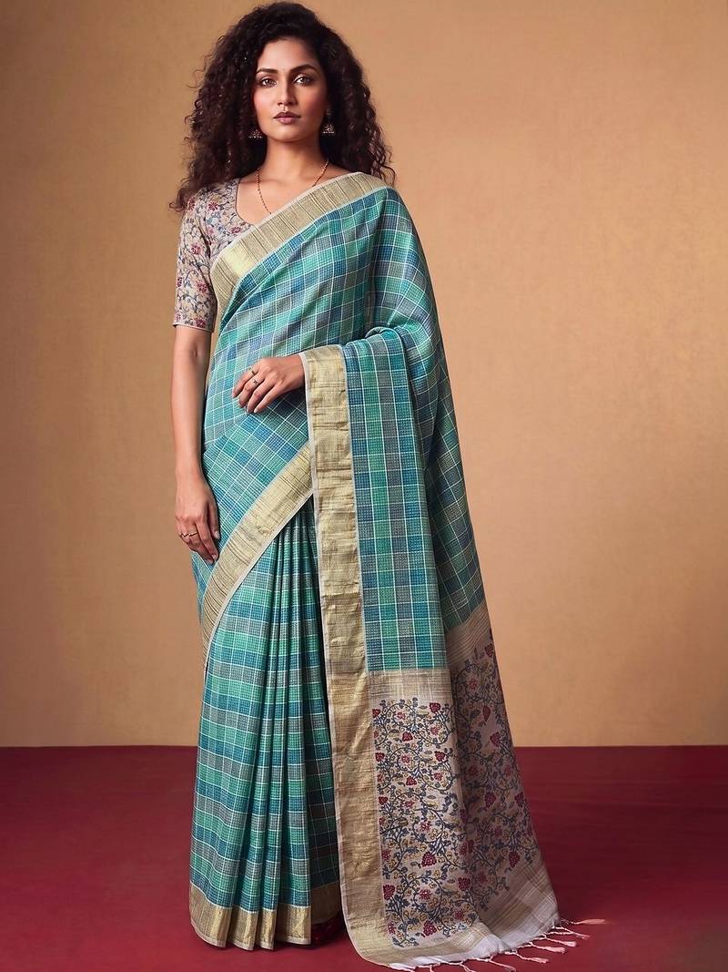 Checked Zari Jute Silk Designer Tussar Saree