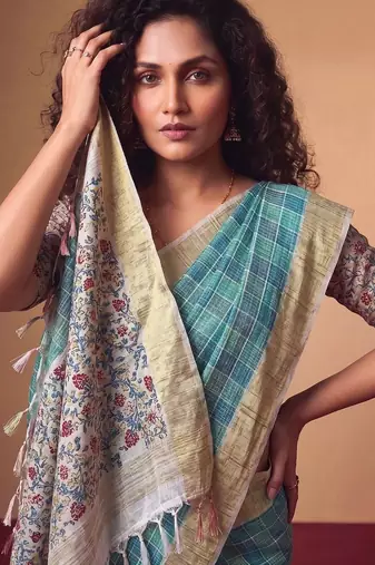 Checked Zari Jute Silk Designer Tussar Saree