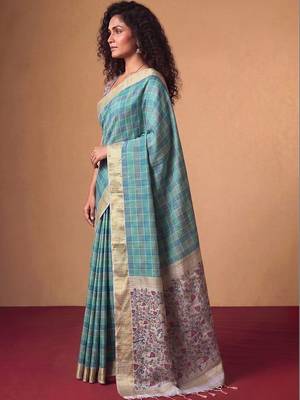 Checked Zari Jute Silk Designer Tussar Saree 3