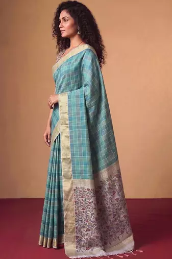 Checked Zari Jute Silk Designer Tussar Saree
