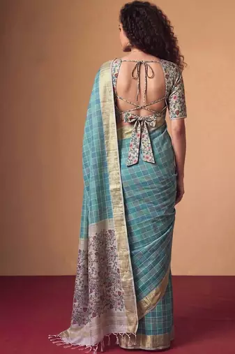 Checked Zari Jute Silk Designer Tussar Saree