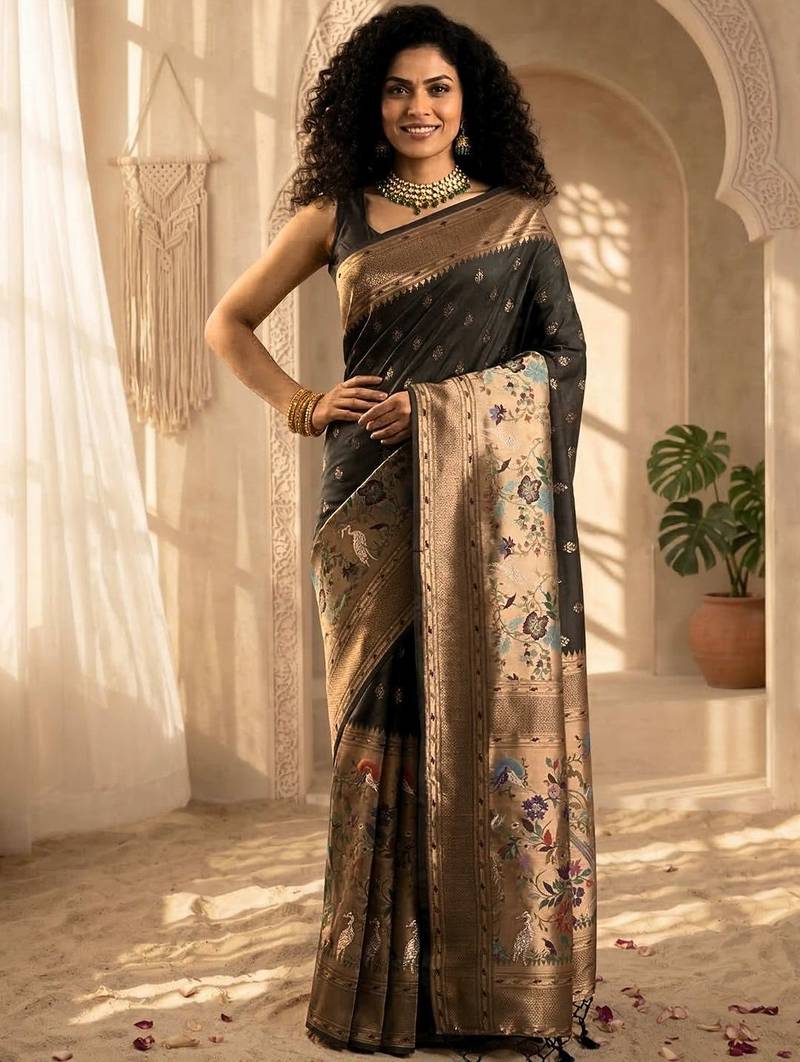 Batik Zari Silk Blend Designer Banarasi Saree