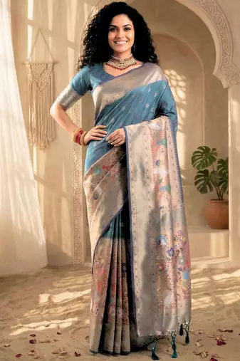 Batik Zari Silk Blend Designer Banarasi Saree
