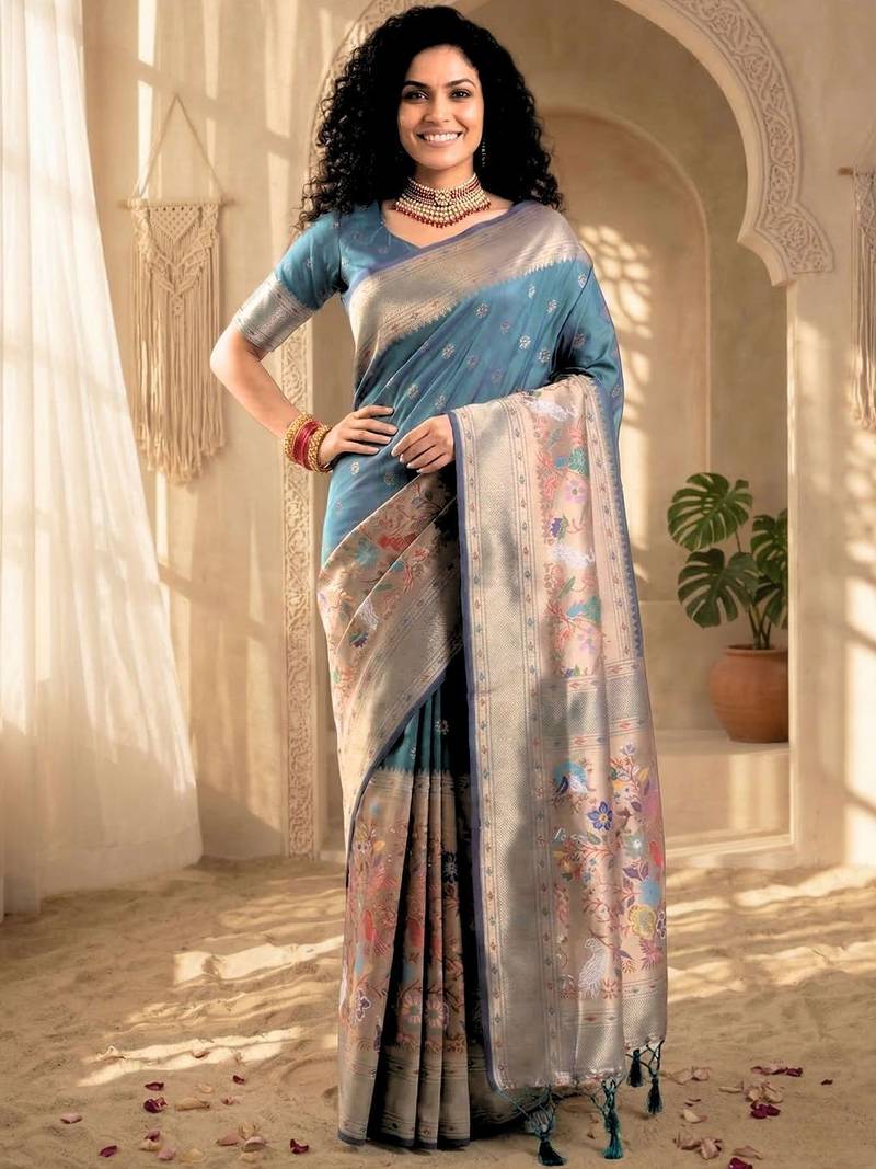 Batik Zari Silk Blend Designer Banarasi Saree