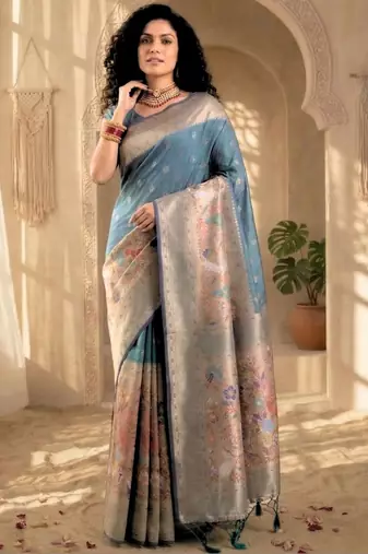 Batik Zari Silk Blend Designer Banarasi Saree