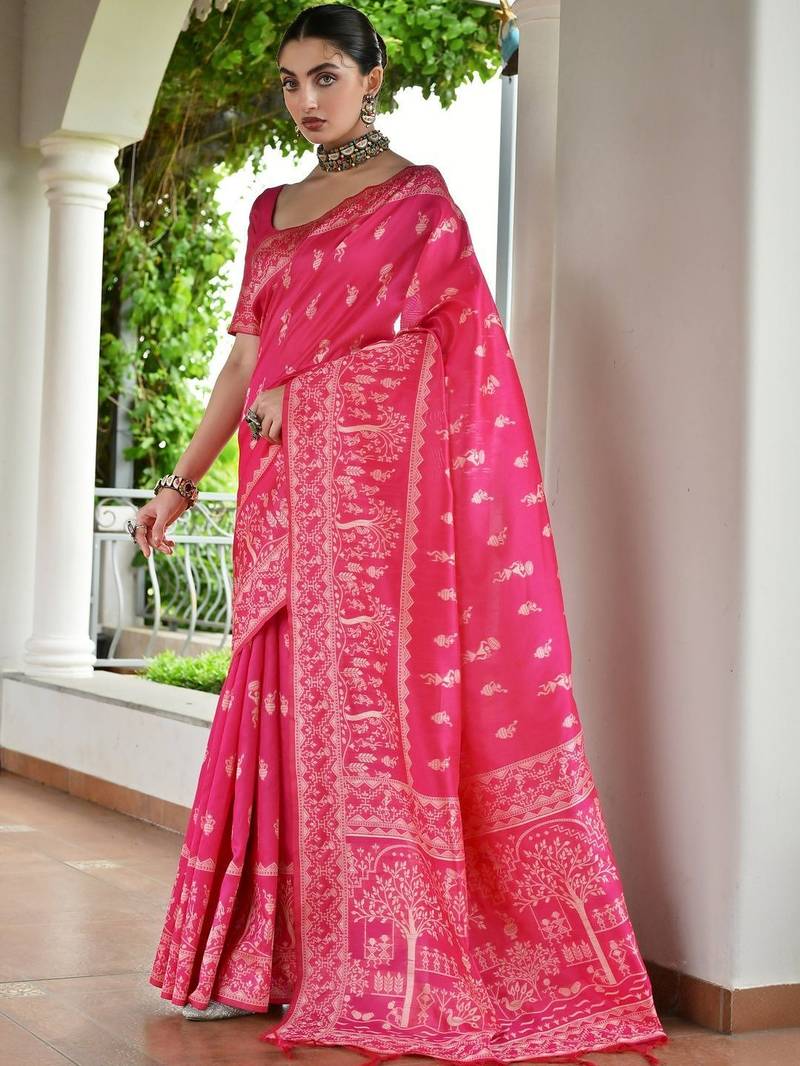 Ethnic Motifs Woven Design Zari Raw Silk Banarasi Saree & Unstitched Blouse
