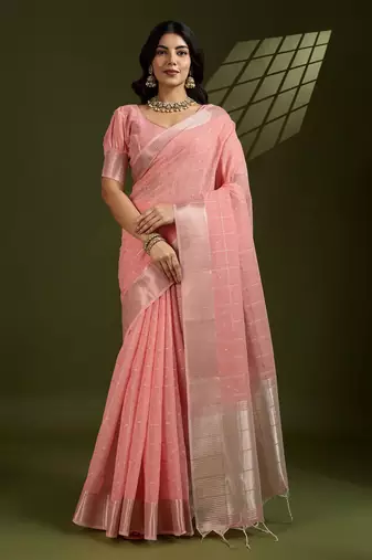 All Over Checks Zari Woven Soft Silk Saree with Zari Details