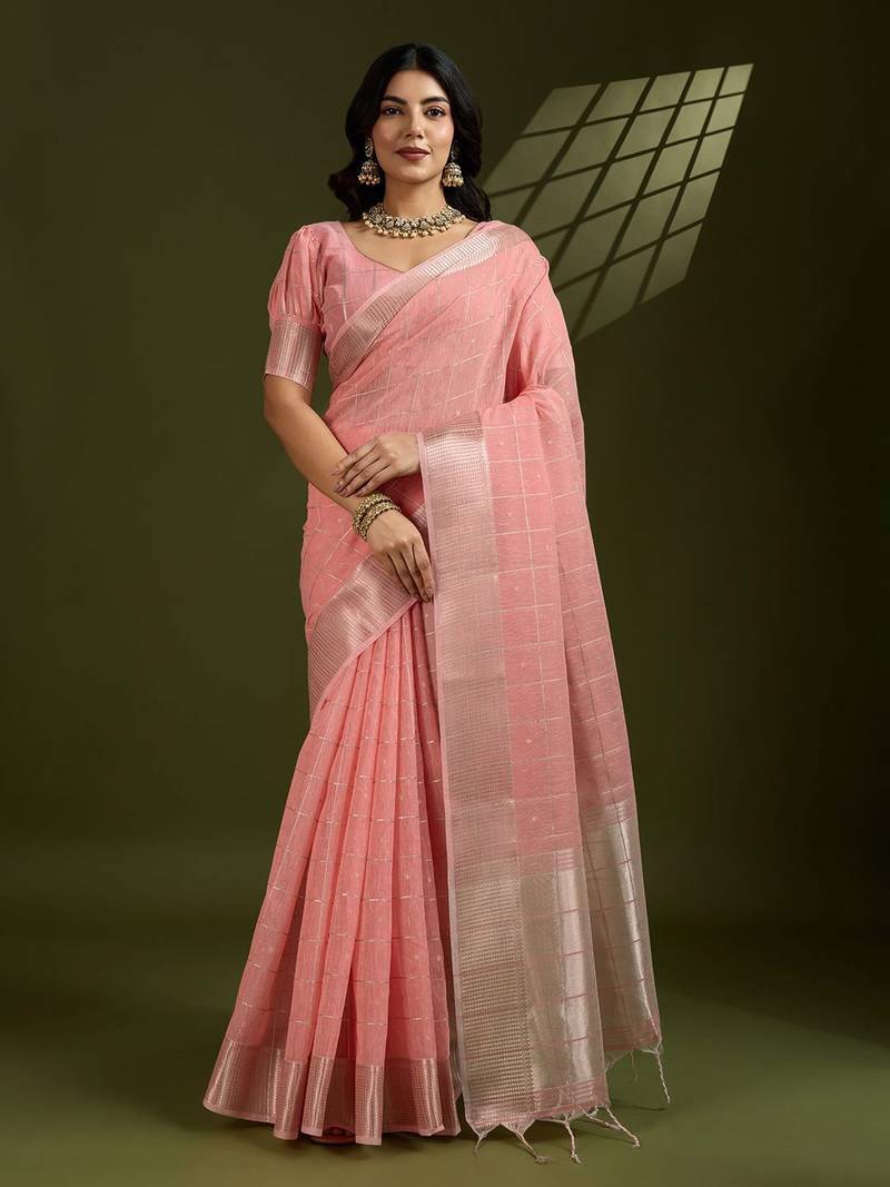 All Over Checks Zari Woven Soft Silk Saree with Zari Details