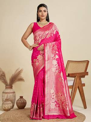 Zari Woven Butti Banarasi Silk Saree with Big Flower Border and Detail Work 1