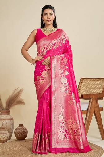 Zari Woven Butti Banarasi Silk Saree with Big Flower Border and Detail Work