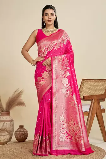 Zari Woven Butti Banarasi Silk Saree with Big Flower Border and Detail Work