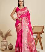 Zari Woven Butti Banarasi Silk Saree with Big Flower Border and Detail Work