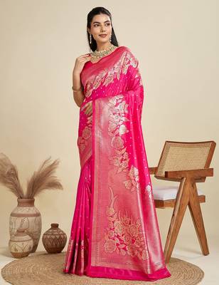 Zari Woven Butti Banarasi Silk Saree with Big Flower Border and Detail Work 2