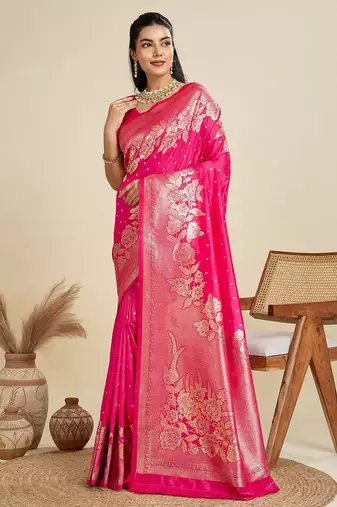 Zari Woven Butti Banarasi Silk Saree with Big Flower Border and Detail Work