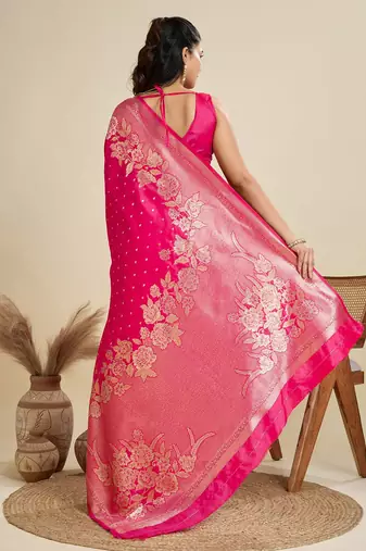 Zari Woven Butti Banarasi Silk Saree with Big Flower Border and Detail Work