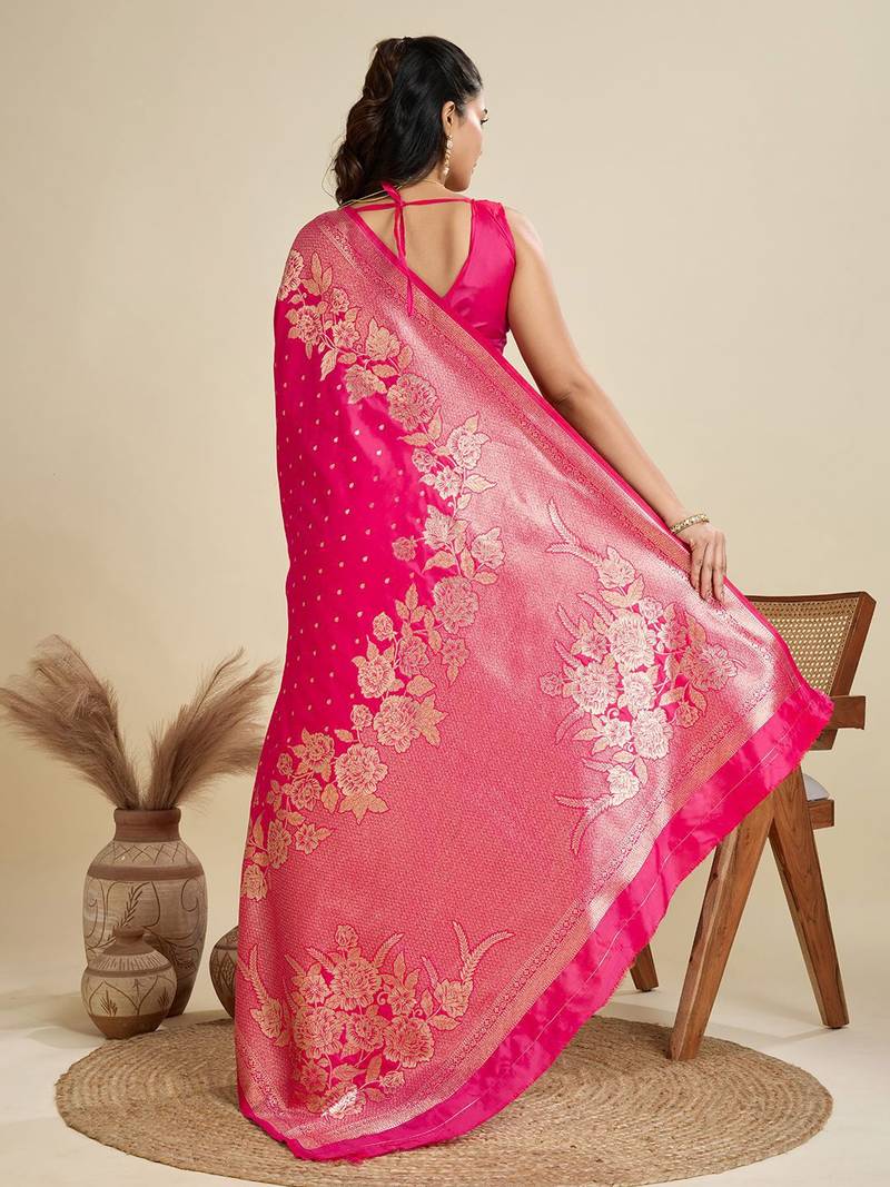 Zari Woven Butti Banarasi Silk Saree with Big Flower Border and Detail Work