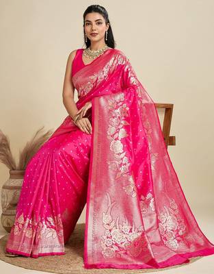 Zari Woven Butti Banarasi Silk Saree with Big Flower Border and Detail Work 4