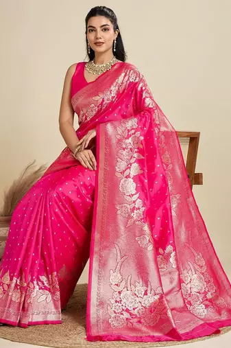Zari Woven Butti Banarasi Silk Saree with Big Flower Border and Detail Work