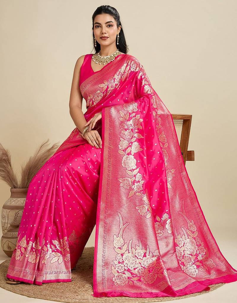 Zari Woven Butti Banarasi Silk Saree with Big Flower Border and Detail Work